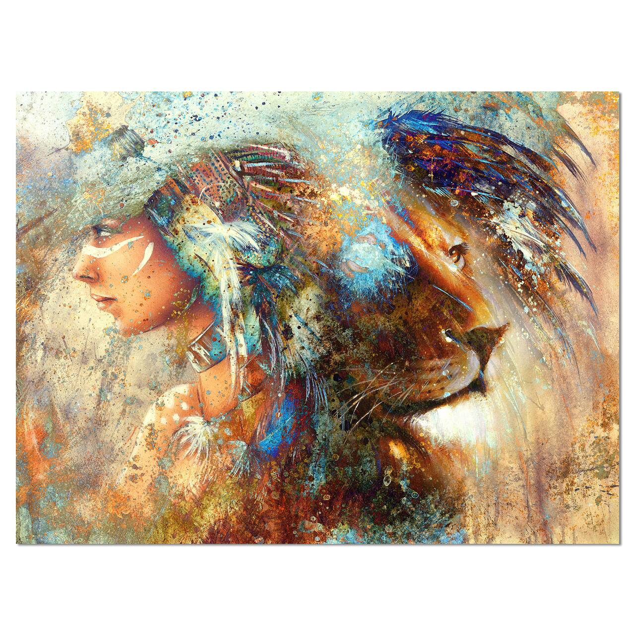 Designart - Indian Woman Collage with Lion - Indian Canvas Artwork